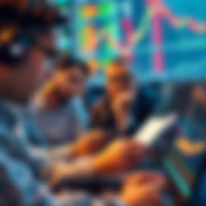 Market Sentiment in Trading A group of traders analyzing comments on a trading forum, looking for insights on market trends.