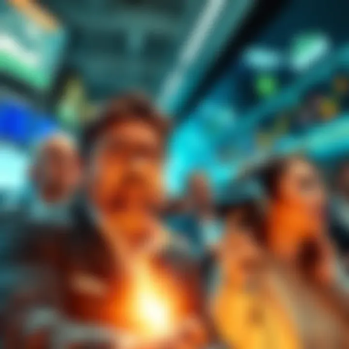 Traders react to a surge in the markets, with some looking excited and others appearing cautious.