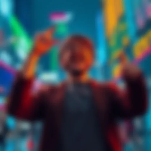 A person celebrates as market prices rise after selling a small amount of stock, showing excitement in their expression and gestures.