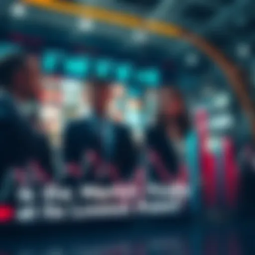 Graph showing declining market trends with analysts discussing in the background