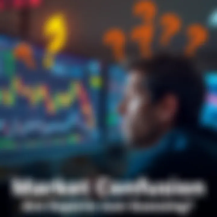 Market Confusion A person looking puzzled at stock charts and Bitcoin price trends on a computer screen, with question marks around them.