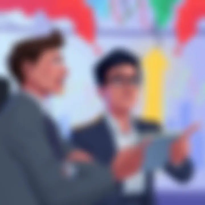 A graphic showing worried investors looking at fluctuating stock charts and falling prices, symbolizing market fear and uncertainty.