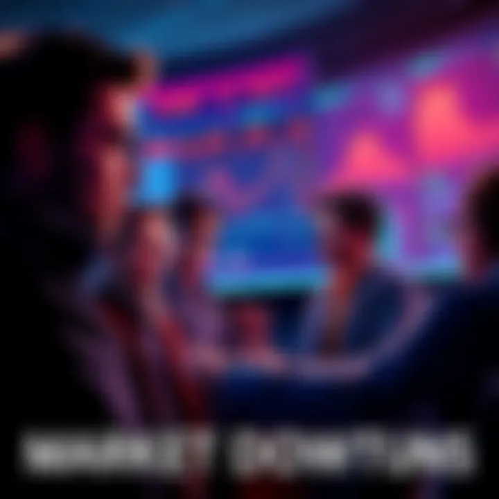 A worried group of people looking at financial news on a screen while discussing market drops and price cuts.