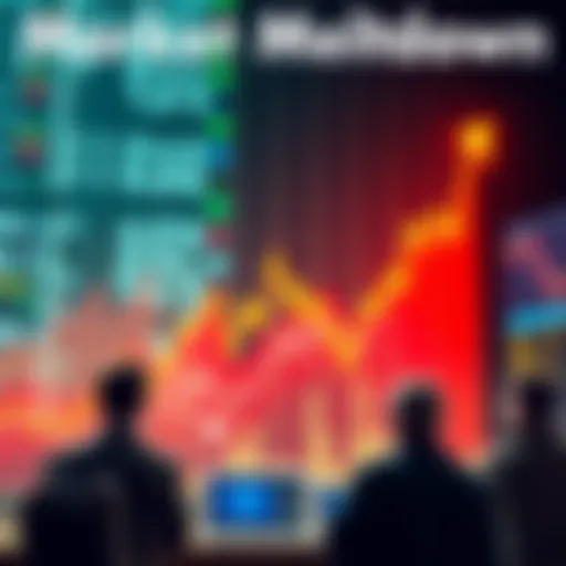 Graph showing a steep decline in market values with worried investors looking on.