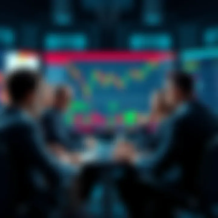 Group of diverse investors engaging in a serious discussion about the stock market, with charts and graphs displayed on a screen behind them, showing a downward trend.