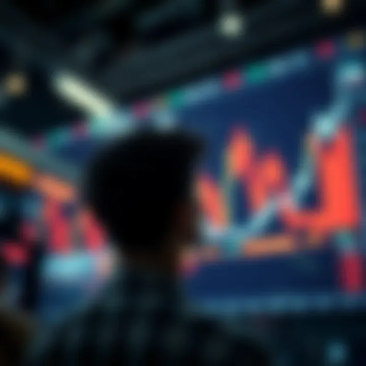 A graph showing rising and falling market trends, with a person looking confused at the screen.