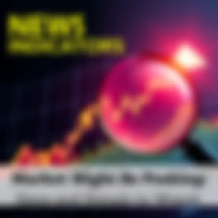 A graph showing market trends with an upward trajectory, indicating potential peak points. A magnifying glass highlights key indicators on the chart.