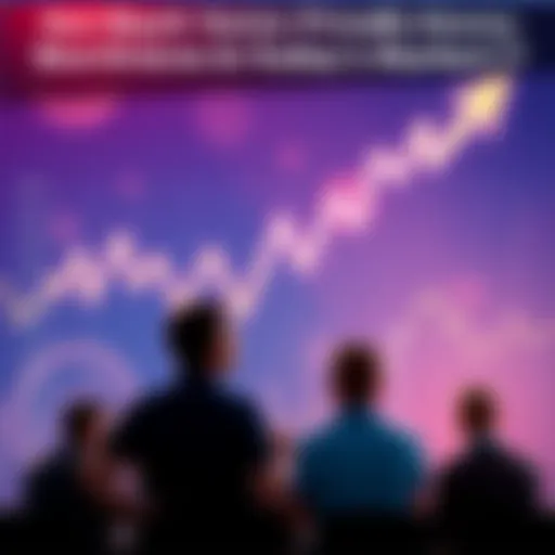 A graph showing sharp fluctuations in market trends, depicting highs and lows with arrows indicating uncertainty. Investors are shown calmly discussing strategies.