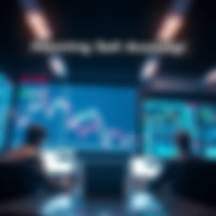 Graph showing downward trend with anxious investors looking at screens