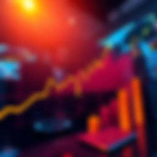 A graph showing fluctuating market trends with an upward trend line and investor icons looking at screens.