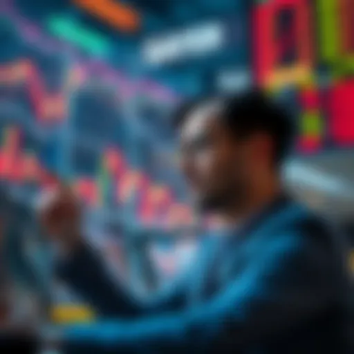 A businessman analyzing stock charts with a worried expression as the market drops, highlighting Saylor's decision to buy during the dip.