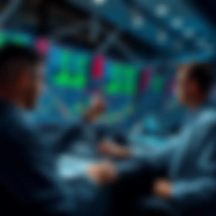 Traders at a desk looking at market charts on screens, discussing small flash pop trends in stock prices, surrounded by financial data and graphs.