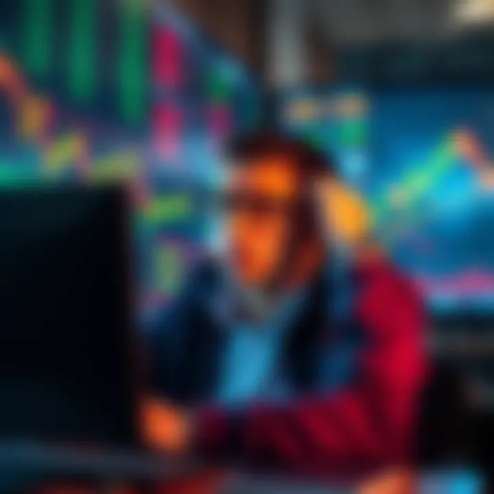 A person looking confused while analyzing stock prices on a computer, surrounded by graphs showing rising and falling trends.
