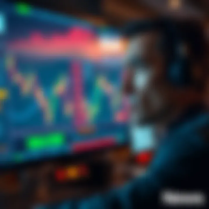 A trader looking at fluctuating market charts on a screen, with a concerned expression, symbolizing the dilemma of whether to invest more or sell off assets.