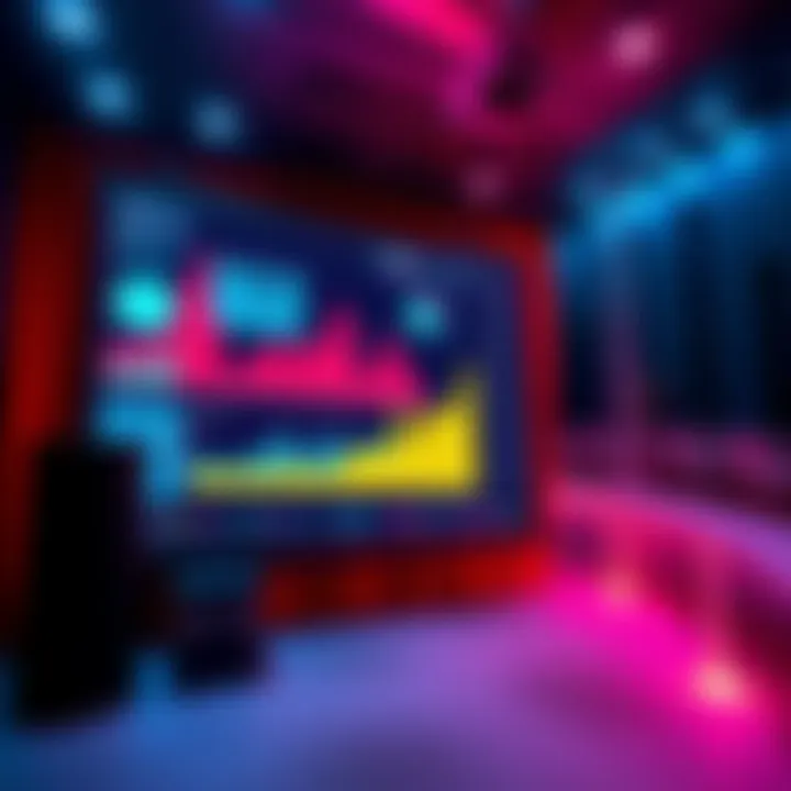 Market Trend Visualization Tools A graphic showing various tools for visualizing market trends, resembling a cinematic experience with graphs and charts on a movie screen.