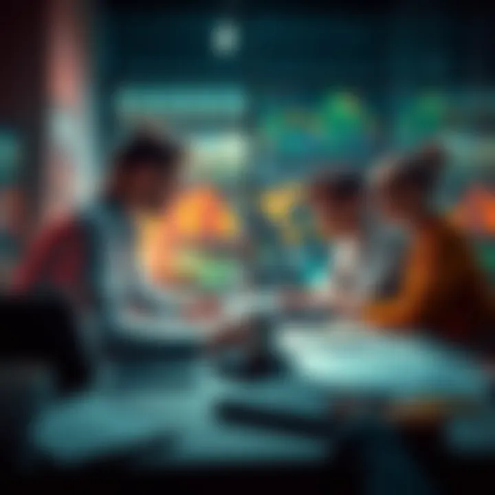 Financial experts discussing market fluctuations and projections for future prices at a table with charts and graphs