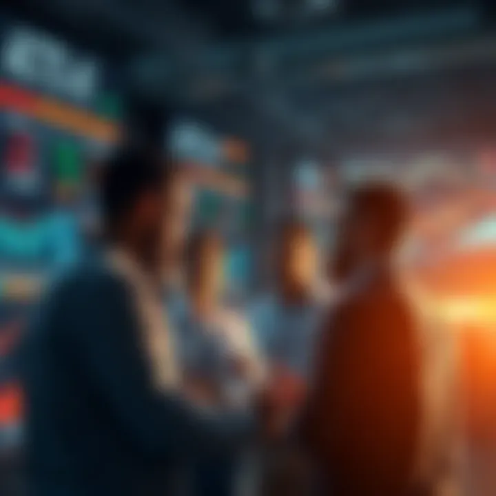 A group of people debating market trends with charts and graphs in the background, showing contrasting opinions on investments.