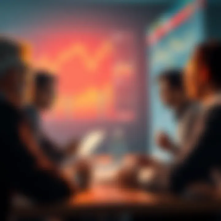 People discussing market trends with charts and graphs illustrating price movements, debating the likelihood of reaching zero compared to all-time highs.