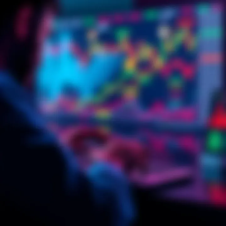 A person analyzing market trends on a laptop with graphs and charts related to geopolitics and cryptocurrency in the background.