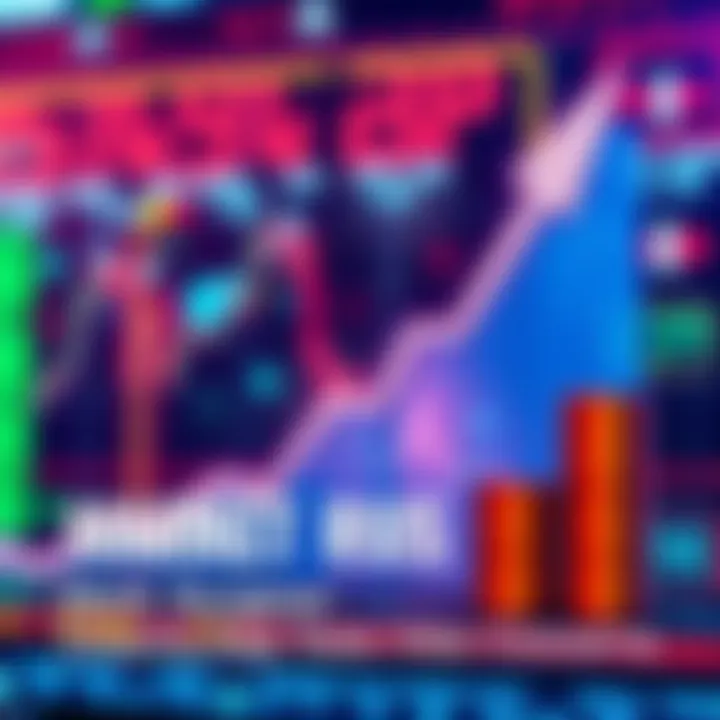 Graph showing market rise with upward arrows and stock market icons