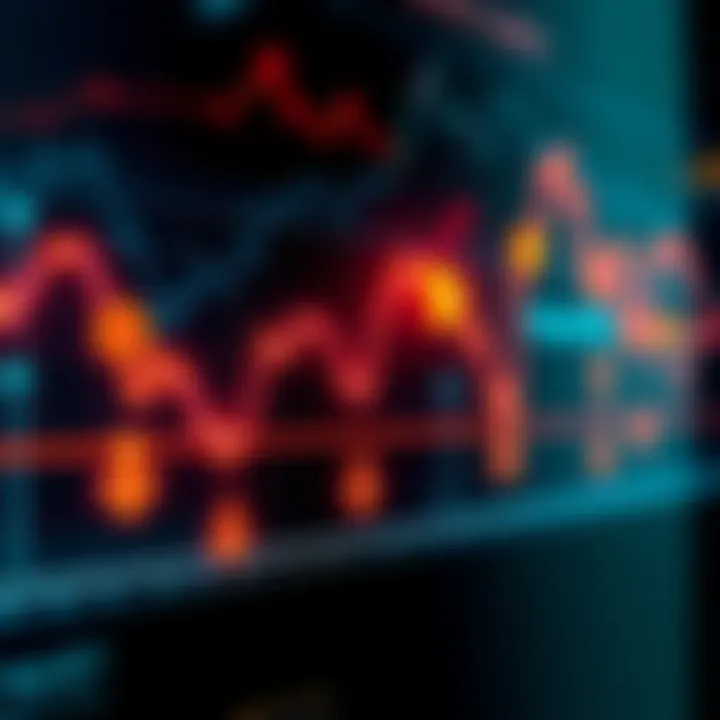 A graph showing fluctuating market trends with Bitcoin symbols and downward arrows indicating volatility.