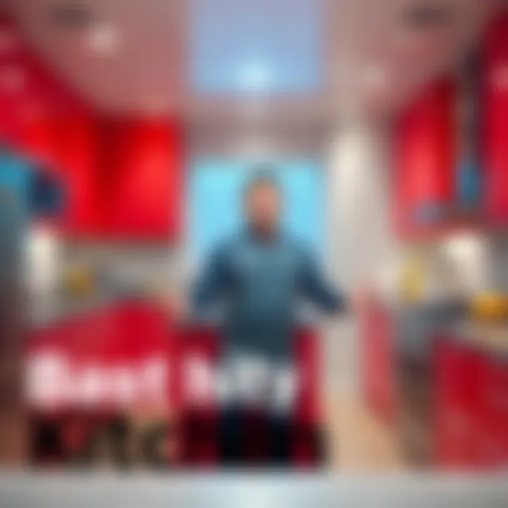 Marty standing in a modern kitchen with bright colors, showcasing stylish appliances and a vibrant design