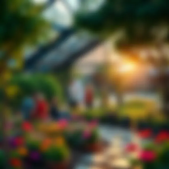 A vibrant garden scene capturing the essence of community and reflection. People interacting in a serene setting, surrounded by greenery and colorful flowers.