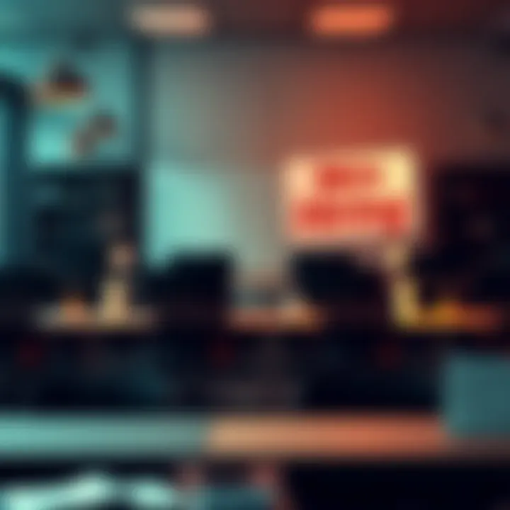 An office scene showing empty desks and a 'We're Hiring' sign, symbolizing layoffs and job market changes.