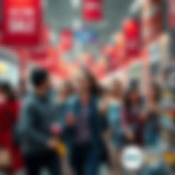 Shoppers excitedly exploring amazing discounts and deals in a busy store