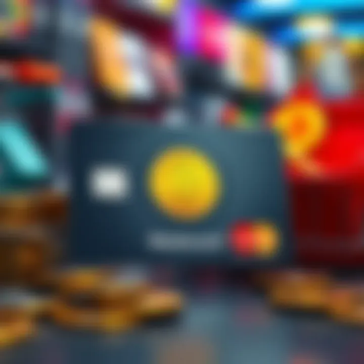 A Mastercard Crypto Card with cryptocurrency icons and shopping items in the background, symbolizing everyday purchases with digital currency.