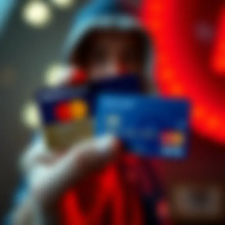Mastercard and Visa cards A person holding a Mastercard next to a Visa card, showing the option to choose between them.