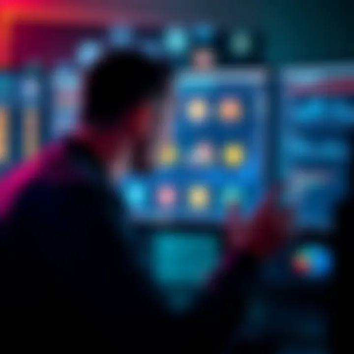 A person analyzing badge achievements on a computer screen, with visual icons of badges and plots in the background.