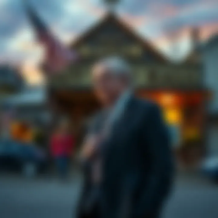 A small town mayor standing in front of a quaint town hall, looking thoughtful as he holds a town meeting with few attendees.