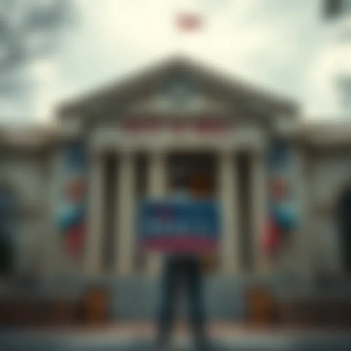 A person standing in front of a city hall, holding a campaign sign, contemplating their next steps for a mayoral run.