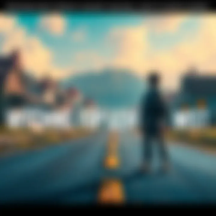 A player stands at a crossroads, pondering the choice between becoming mayor and collecting more badges, with a small town in the background