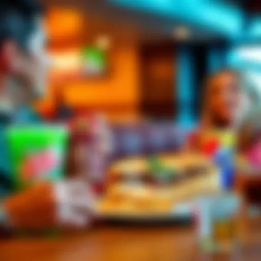 A person savoring a meatball sub with a Mt Dew and a side of Atlas Bucks, while sitting with a family member who has a Philly and Pepsi
