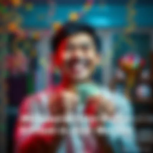 A happy person smiling while holding their first dollar earned, surrounded by celebratory decorations