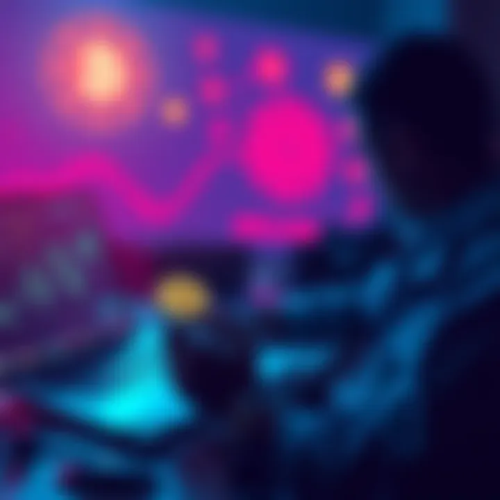 A person analyzing meme coins for purchase on a laptop with Solana graphics and crypto symbols in the background