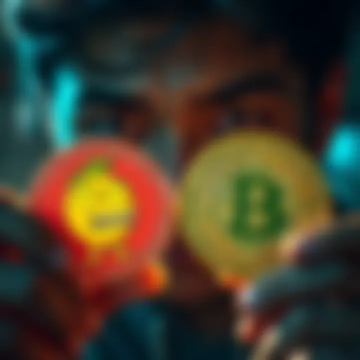 Meme Coins vs Bitcoin A person looking at two digital coins, one depicting a meme character and the other labeled Bitcoin, with a confused expression.