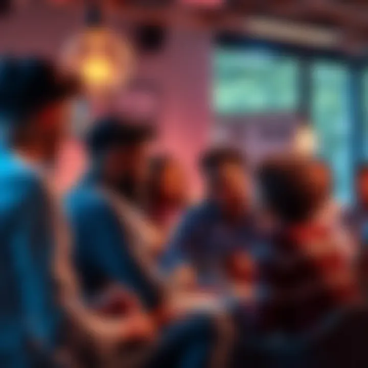 Meme Coin Community Gathering A group of diverse individuals discussing meme coins and sharing ideas in a lively setting.