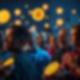 A group of people discussing meme coins, some laughing and others looking serious, with graphics of coins in the background.