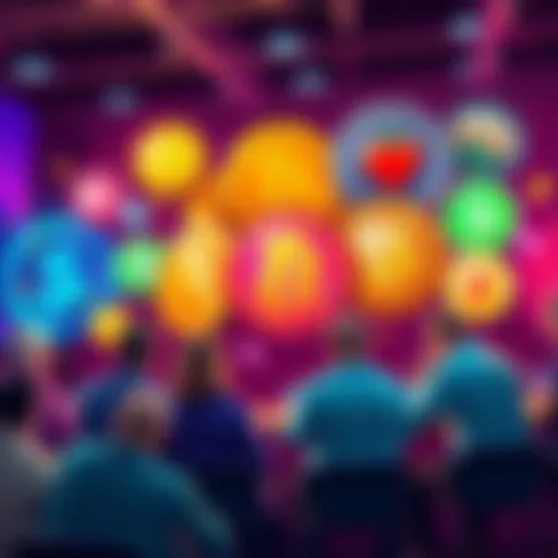 A colorful graphic with various meme coins displayed and people discussing them in a forum setting.