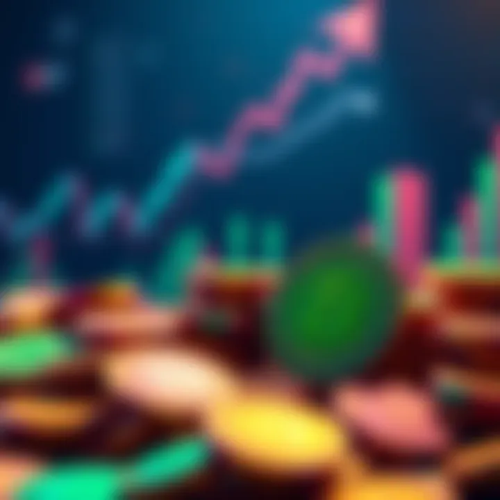 Colorful coins representing meme coins with a rising chart in the background, symbolizing growth in the crypto market.