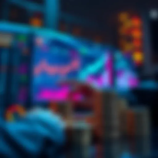 A person analyzing charts and graphs related to meme coins on a digital screen, with stacks of coins in the foreground.