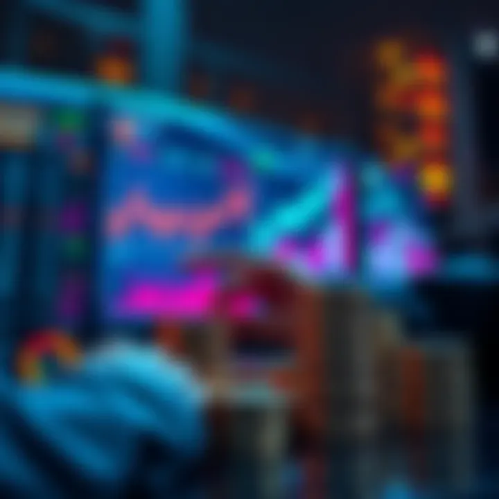 A person analyzing charts and graphs related to meme coins on a digital screen, with stacks of coins in the foreground.