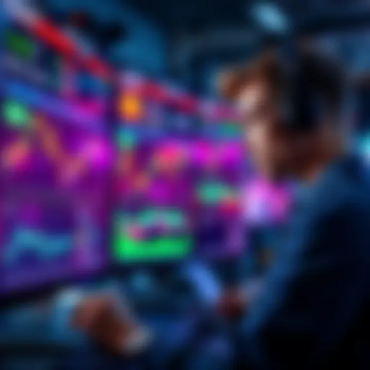 A trader analyzing charts and data on a screen, focusing on meme coins, with indicators of volume and community engagement