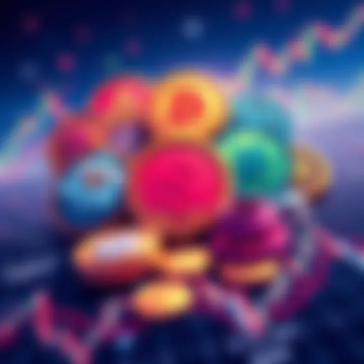 A colorful illustration depicting various memecoins with playful designs, symbolizing their fun and speculative nature, contrasting with serious investment charts in the background.