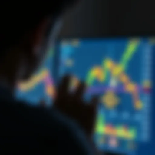 A person looking at fluctuating cryptocurrency charts with memecoins displayed on a screen, showing signs of volatility and profit potential.