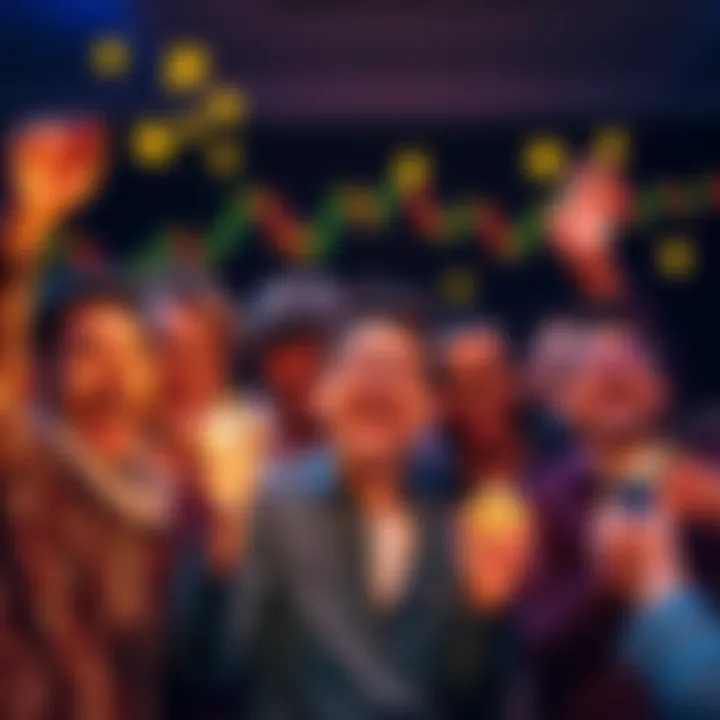 A group of happy people celebrating their profits from investing in memecoins, with charts and digital currencies in the background.