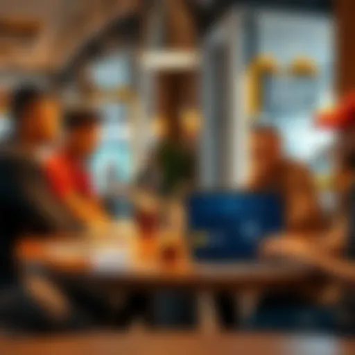 A group of merchants discussing crypto payment options at a modern cafe, with a laptop showing a stablecoin interface on the table.